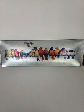 Dish Colorful Birds on Wire Decorative Glass Tray.